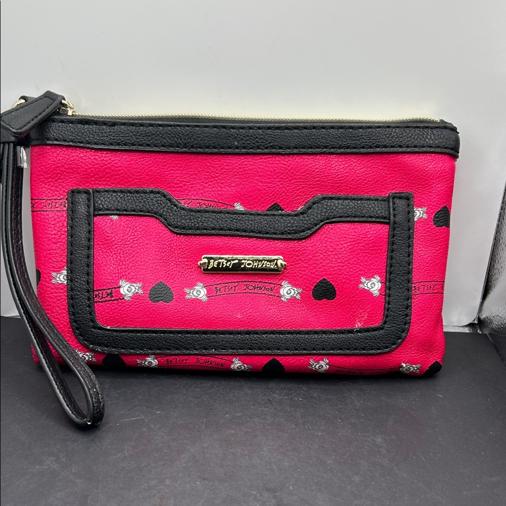 Betsey Johnson Hot Pink and Black Wristlet Clutch